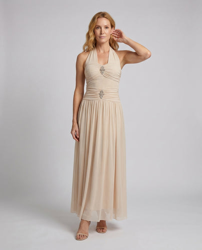 Damen Elegantes Sommer-Maxikleid mit halternecker Ausschnitt und fließendem Rock