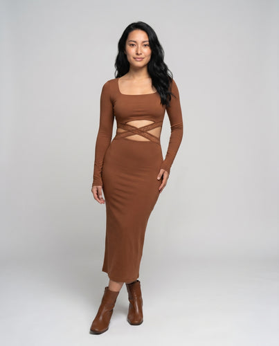 Damen Figurbetontes Kleid mit tiefem V-Ausschnitt und langen Ärmeln