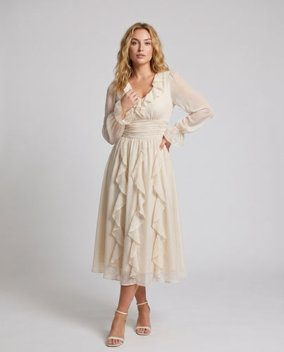 Damen Elegantes Dress mit Raffungen und langen Transparenzärmeln