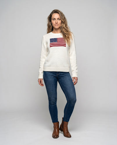 Damen cropped Pullover mit Flaggenmotiv und modernem Strickmuster EB