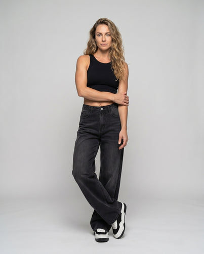 Damen nan hochtaillierte weite Jeanshose mit klassischem Fünf-Taschen-Design und weitem Bein EB
