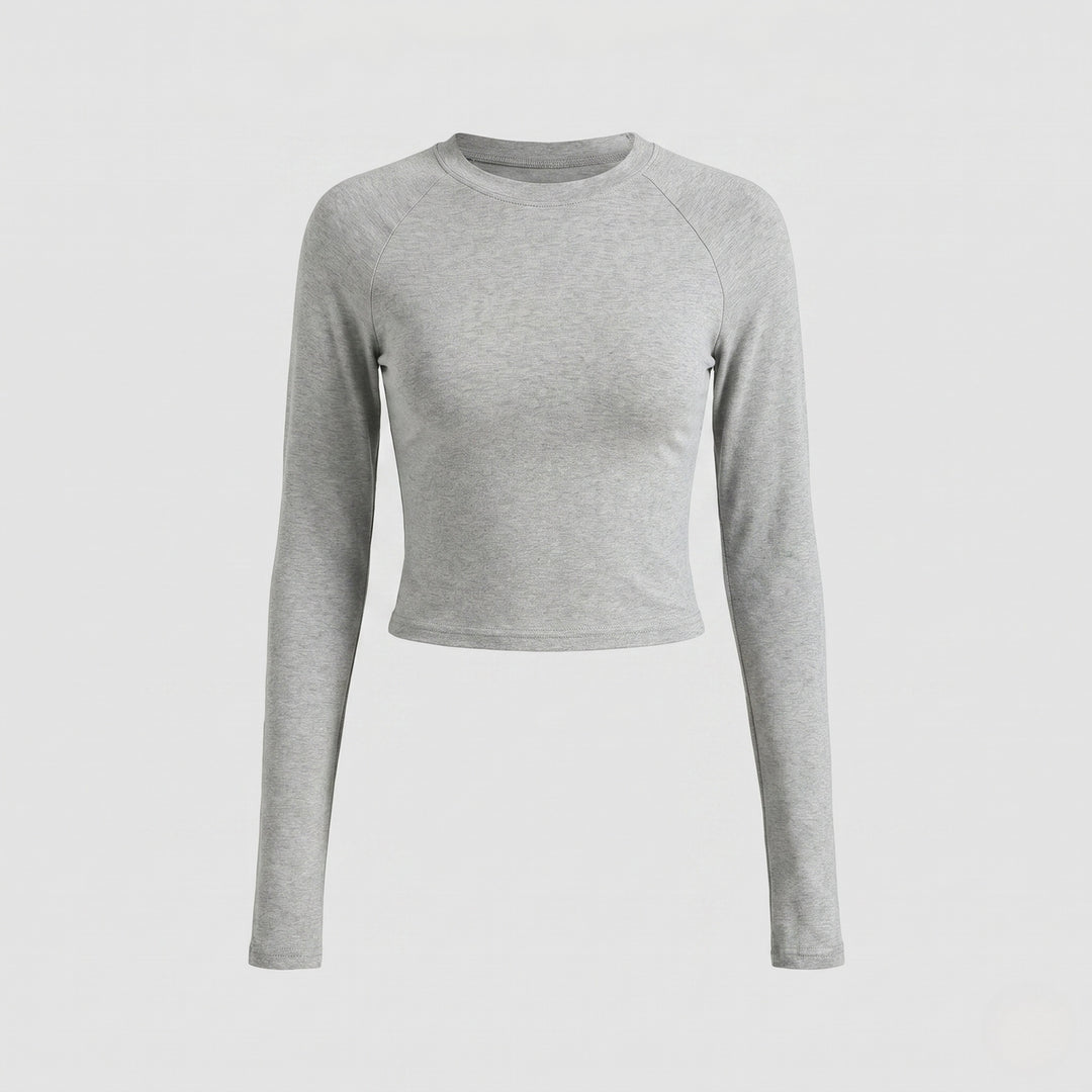 Damen nan enganliegendes kurzgeschnittenes Langarmshirt mit Raglannähten und Daumenlöchern EB