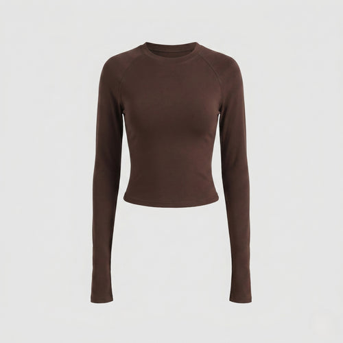 Damen nan enganliegendes kurzgeschnittenes Langarmshirt mit Raglannähten und Daumenlöchern EB