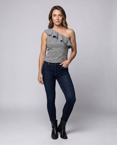 Damen nan asymmetrisches Ein-Schulter-Tweed-Oberteil mit Volant und taillierter Passform EB