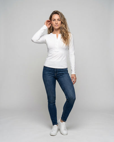 Damen nan fein geripptes Henley-Langarmshirt mit durchgehender Knopfleiste, Raglanärmeln und taillierter Passform EB