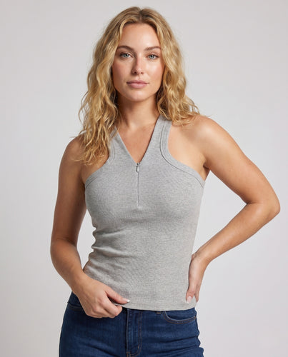 Damen nan asymmetrisches geripptes Ein-Schulter-Top mit Frontreißverschluss und taillierter Passform EB