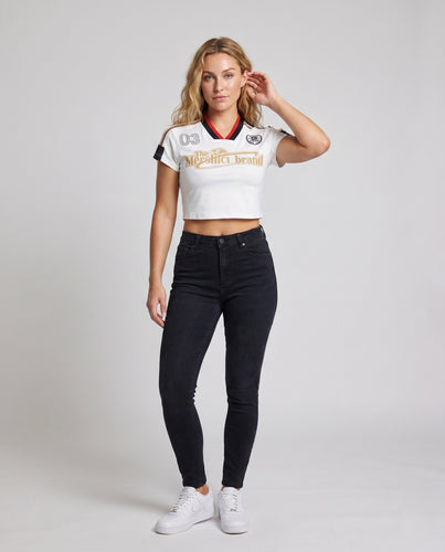 Damen nan kurzes Funktions-Fußballshirt im Retro-Stil mit V-Ausschnitt und Schulterstreifen EB