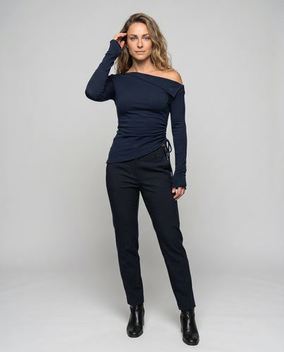 Damen nan tailliertes Einschulter-Longsleeve mit seitlicher Kordelraffung und asymmetrischem Ausschnitt EB