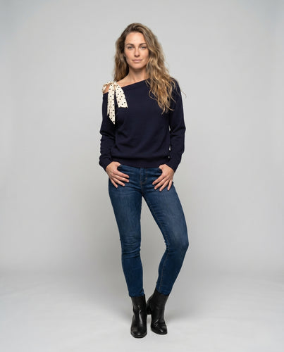 Damen nan asymmetrischer Ein-Schulter-Feinstrickpullover mit dekorativer Schleifen-Schulterpartie EB