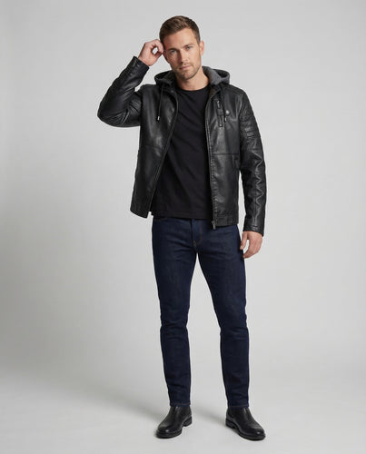 Herren Lederimitat Kapuzenblouson mit Teddyfutter & Steppung
