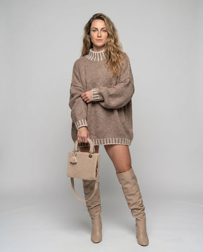 Damen Oversized Strickpullover mit dekorativen Fransen und hohen Kragen EB