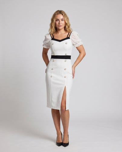 Damen Off-Shoulder Kleid mit dekorativen Knopfdetails und geschlitzt EB