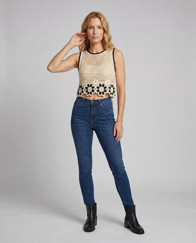 Damen gehäkeltes Crop-Top mit floralem Design und Kontrastakzenten EB