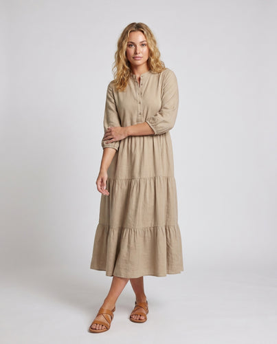 Damen Langärmeliges Leinenkleid mit Stufen-Design EB