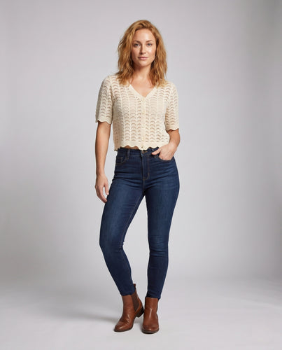 Damen Kurzärmeliger Strickpullover mit Knopfleiste EB