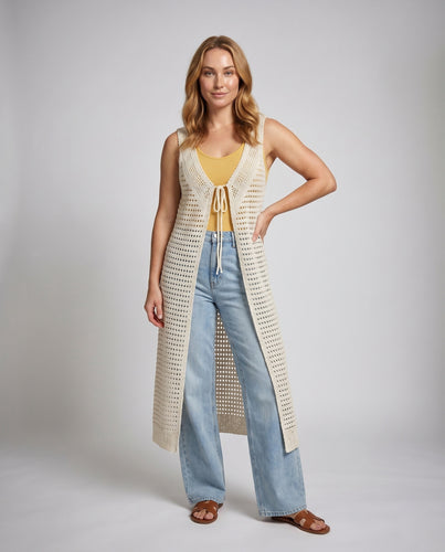 Damen Langer Häkel-Cardigan mit Taillendetail EB