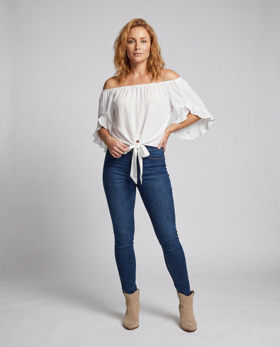 Damen luftiges Off-Shoulder Oberteil mit Knoten EB
