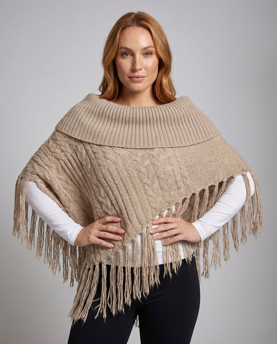 Damen Fransiger Strick Poncho EB