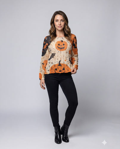 Damen Herbstliche Strickbluse mit Kürbis-Design EB