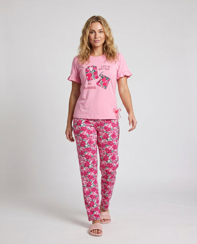 Damen Pyjama Set mit floralem Design und verspielten Rüschendetails EB