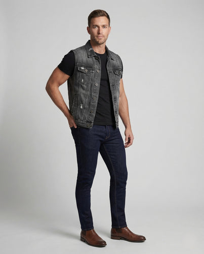Herren Denim Bikerweste mit Stickerei