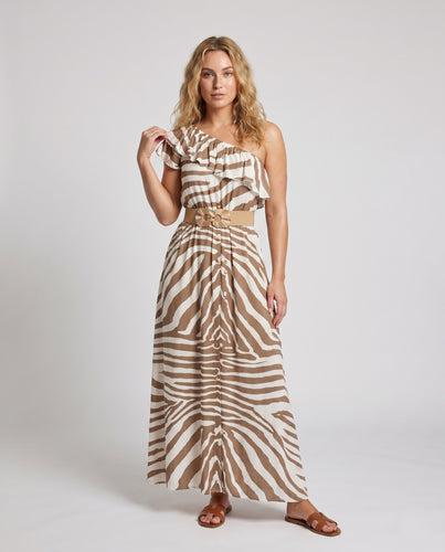 Damen Maxikleid mit asymmetrischem Ausschnitt und verspieltem Blumendesign EB