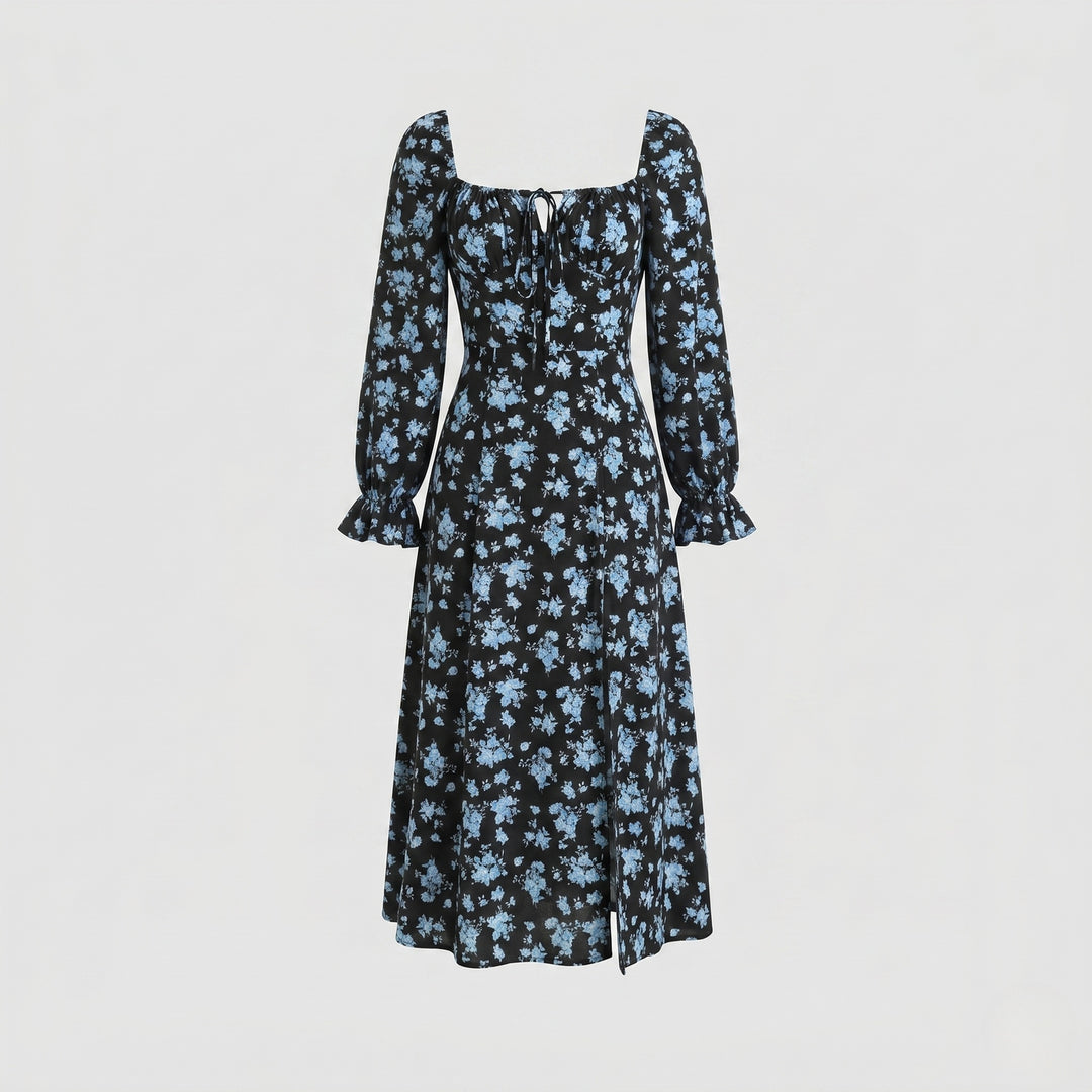 Damen Maxikleid mit tailliertem Schnitt und floralen Rüschendetails EB