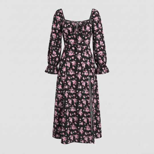 Damen Maxikleid mit tailliertem Schnitt und floralen Rüschendetails EB