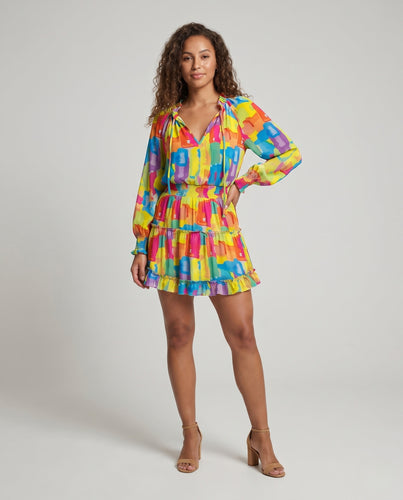 Damen Strandkleid mit buntem Mustermix und Volant-Rüsche EB