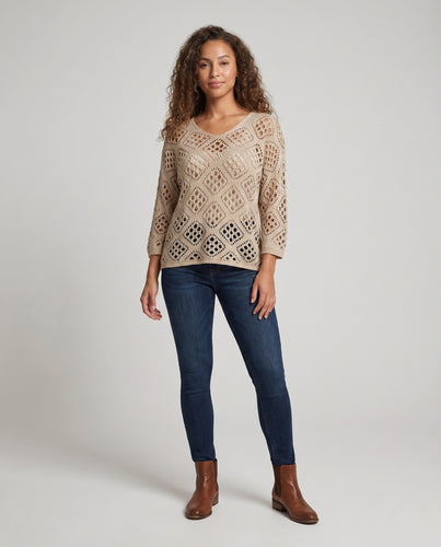 Damen luftige Strickbluse mit Häkelmuster EB