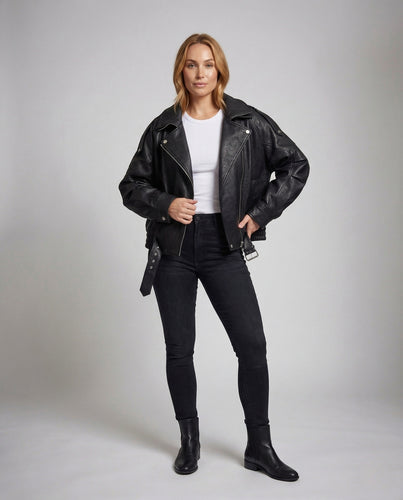 Damen Oversize Bikerjacke Kurz Kunstleder