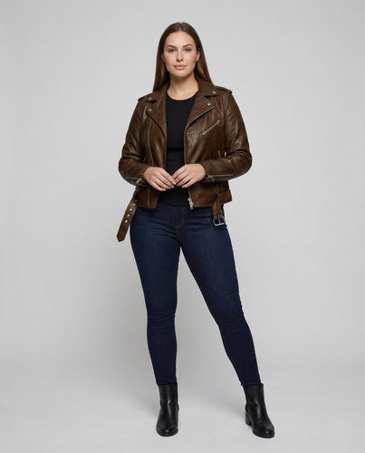 Damen Bikerjacke Kunstleder Tailliert Asymmetrischer Reißverschluss