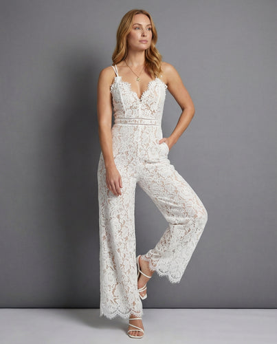 Damen Eleganter Spitzen-Jumpsuit mit tiefem V-Ausschnitt und weitem Bein EB