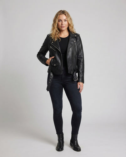 Damen Bikerjacke Kunstleder Gürtel