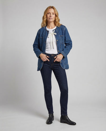Damen Kragenlose Jeansblusenjacke Rundhalsausschnitt