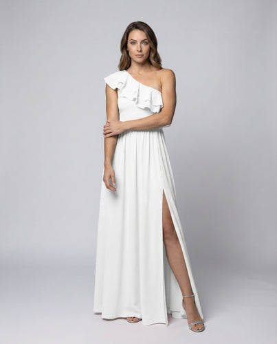 Damen Maxiabendkleid Volant-Schulter Beinschlitz