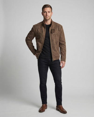 Herren Bikerjacke Wildlederoptik Stehkragen