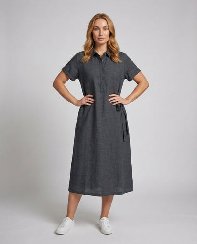 Damen Hemdkragen-Leinenkleid Seitliche Schleifenbindung