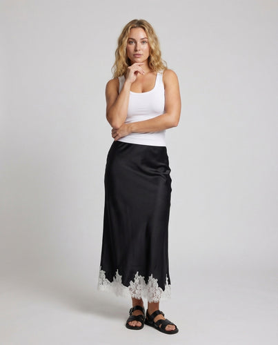 Damen Satinrock A-Linie Spitzenbesatz