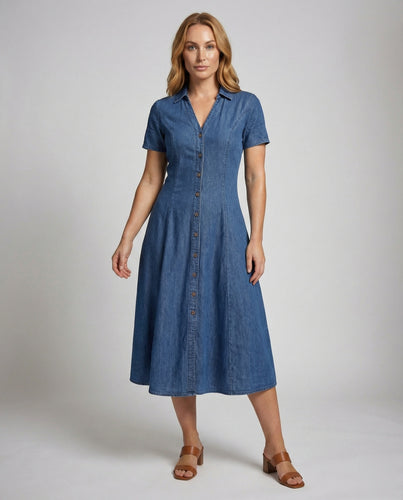 Damen Hemdblusen-Midikleid Denim-Optik