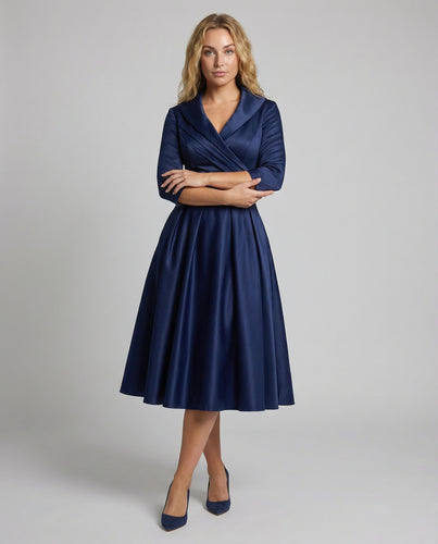 Damen Satin-Midikleid Wickelkragen Eingrifftaschen