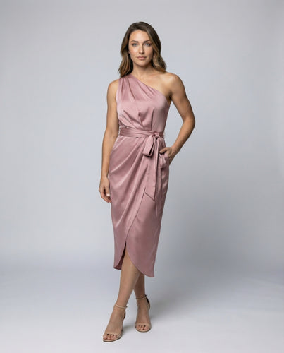 Damen einschultriges Midikleid mit Wickeleffekt