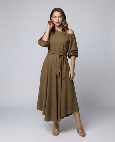 Damen einseitig schulterfreies Midikleid mit Stufenrock