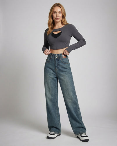 Damen Weitbein-Jeans mit doppelter Knopfleiste
