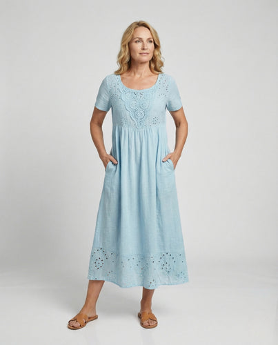 Damen Midikleid A-Linie mit Häkeleinsatz – Freizeitkleid