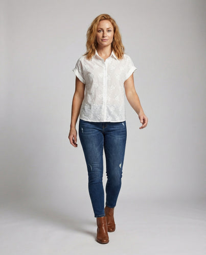 Damen Florale Leinenmix Kurzarm-Hemdbluse