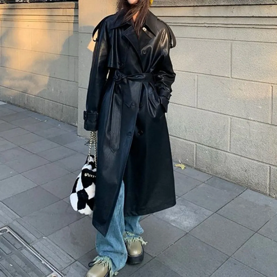 EB | Trenchcoat - stilvolle lange schwarze Damenjacke