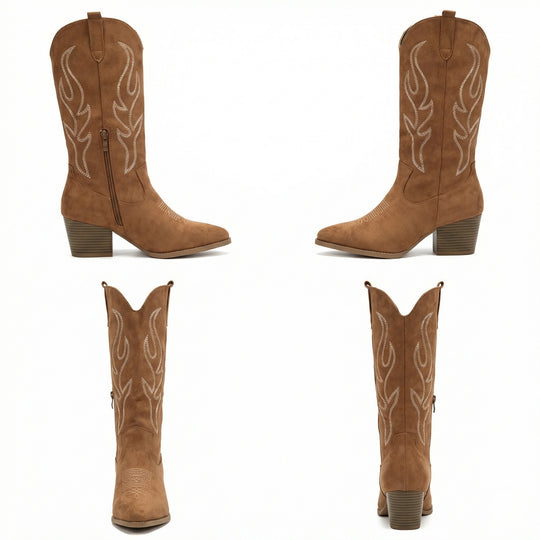 EB | Cowboy Stiefel Retro Chunky Heel Spitzstiefel mit Stylischem Seitenreißverschluss