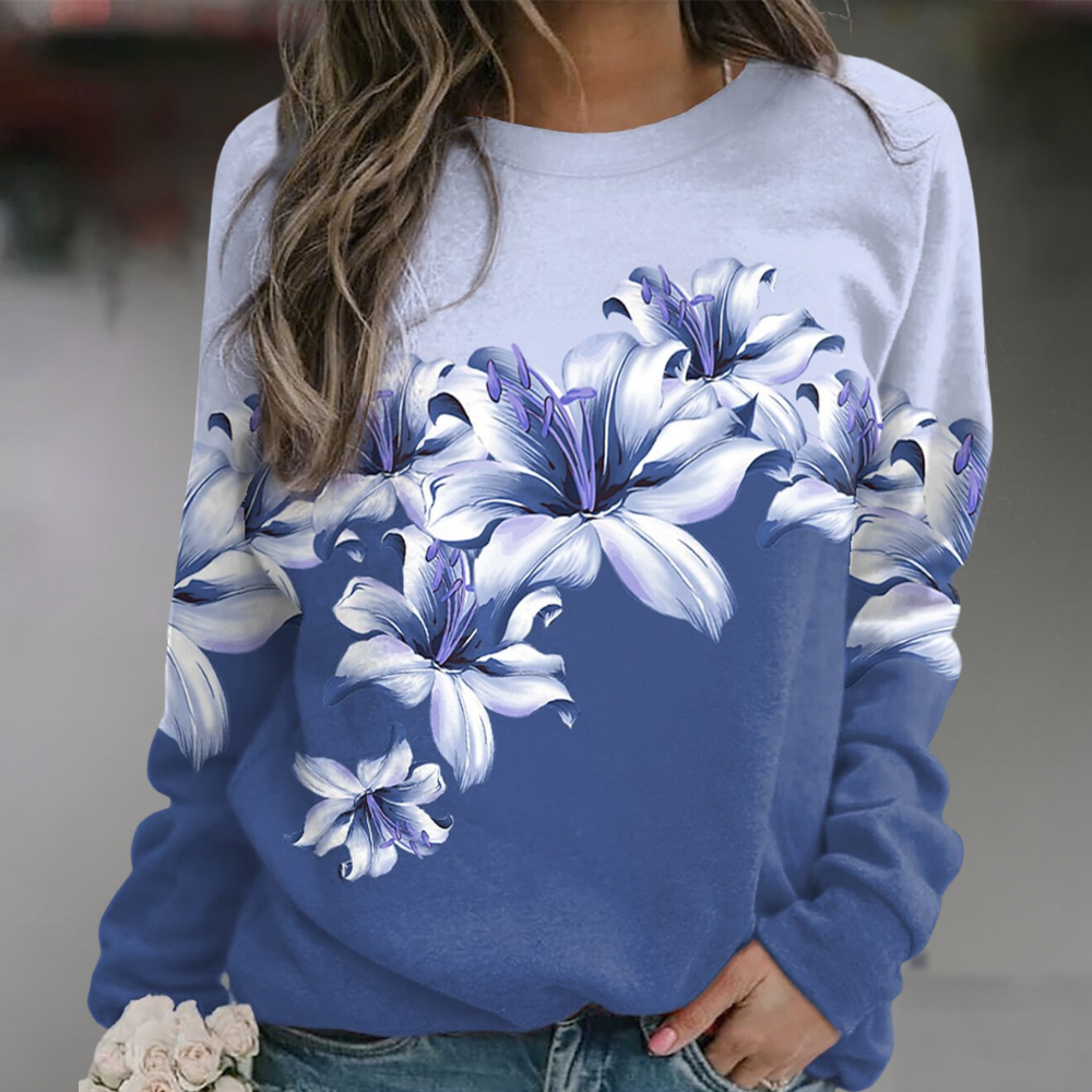 EB | Sweatshirt Weiches Atmungsaktives Material Bequeme Passform Floral Print Lange Ärmel