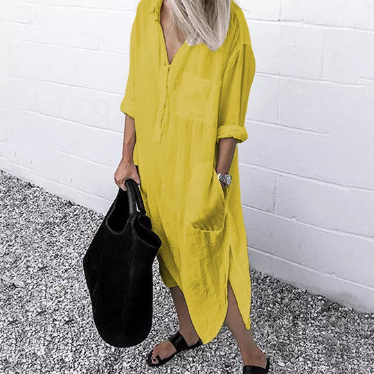 EB | Lockeres Langes Kleid mit Langen Ärmeln und Seitentaschen Kleid